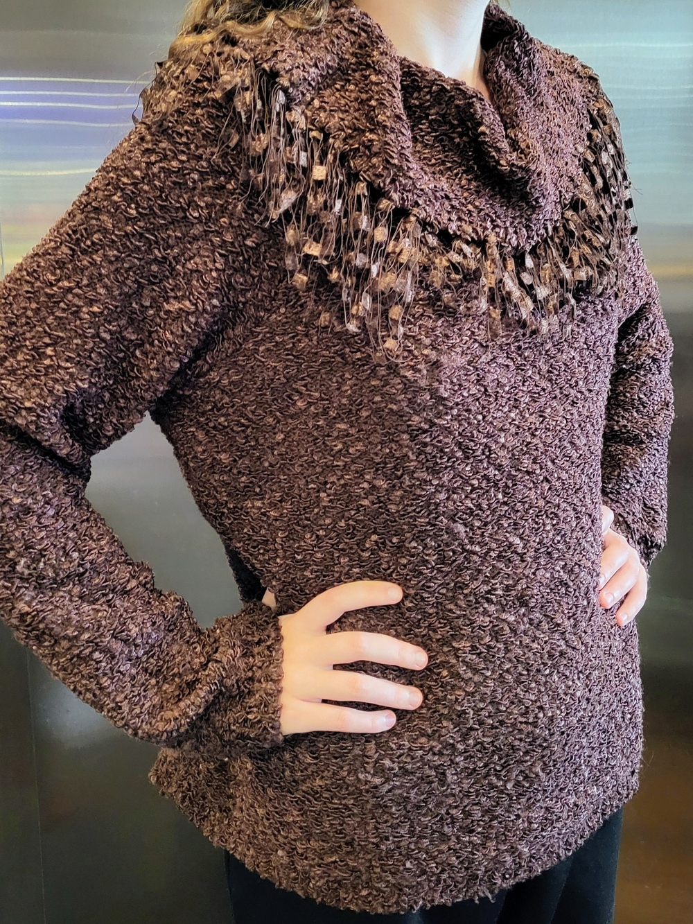 Cozy Brown Fringe Cowl Neck Sweater